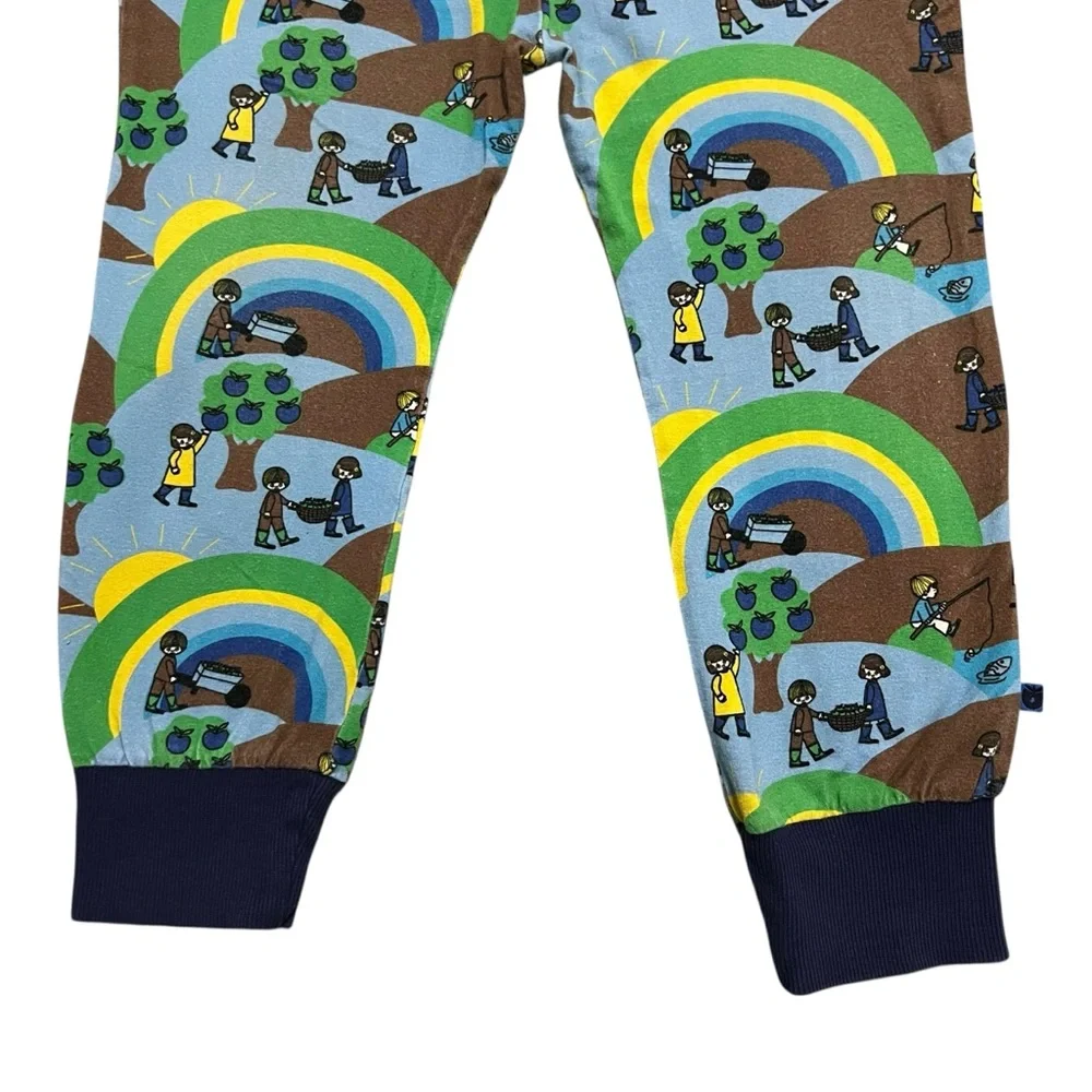 Smafolk 7-8Y Organic Blue Landscape Pants Sunshine Apples Rainbows Fishing